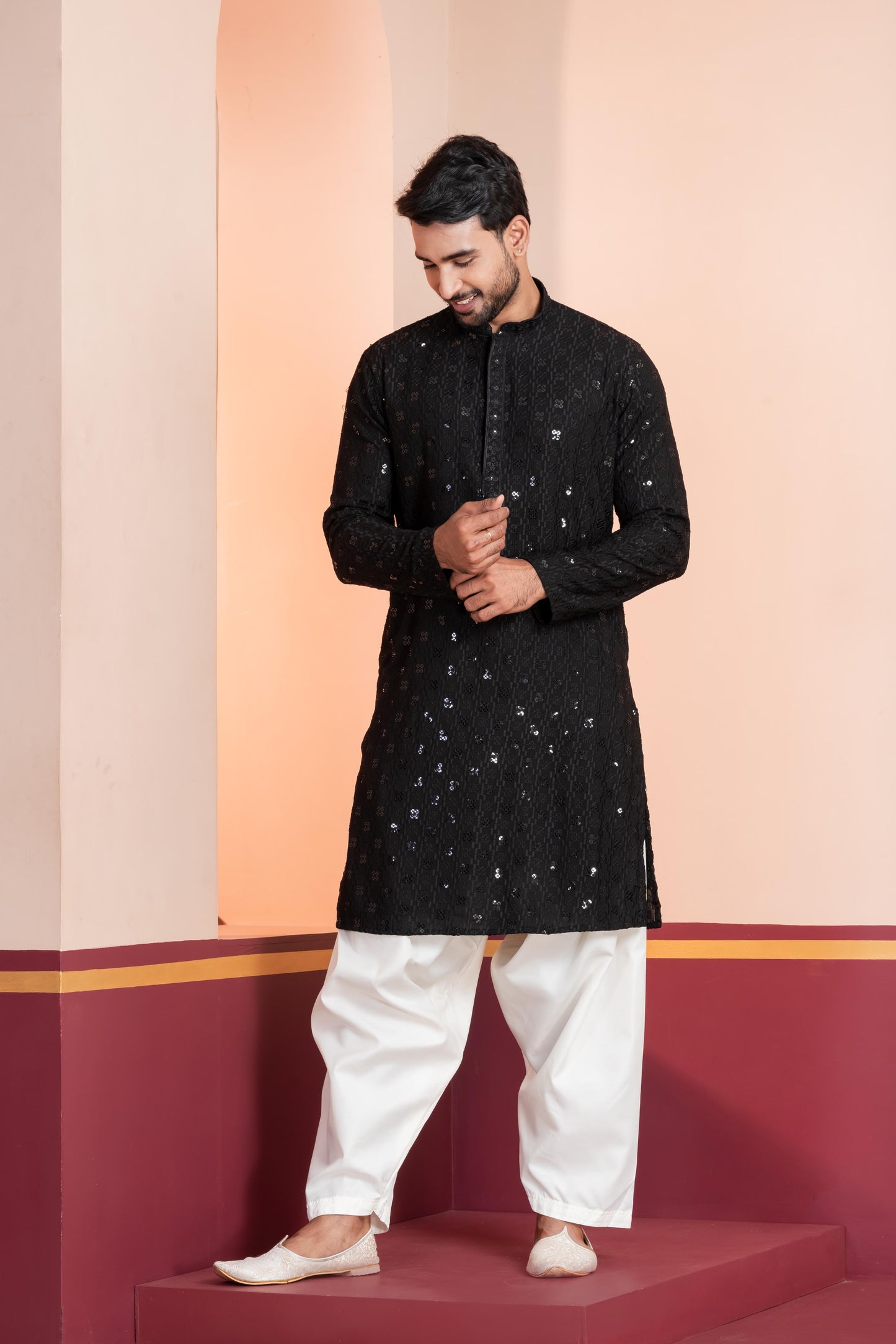 Zavaya Men Black Embroidery Cotton Blend Kurta Patiala Set