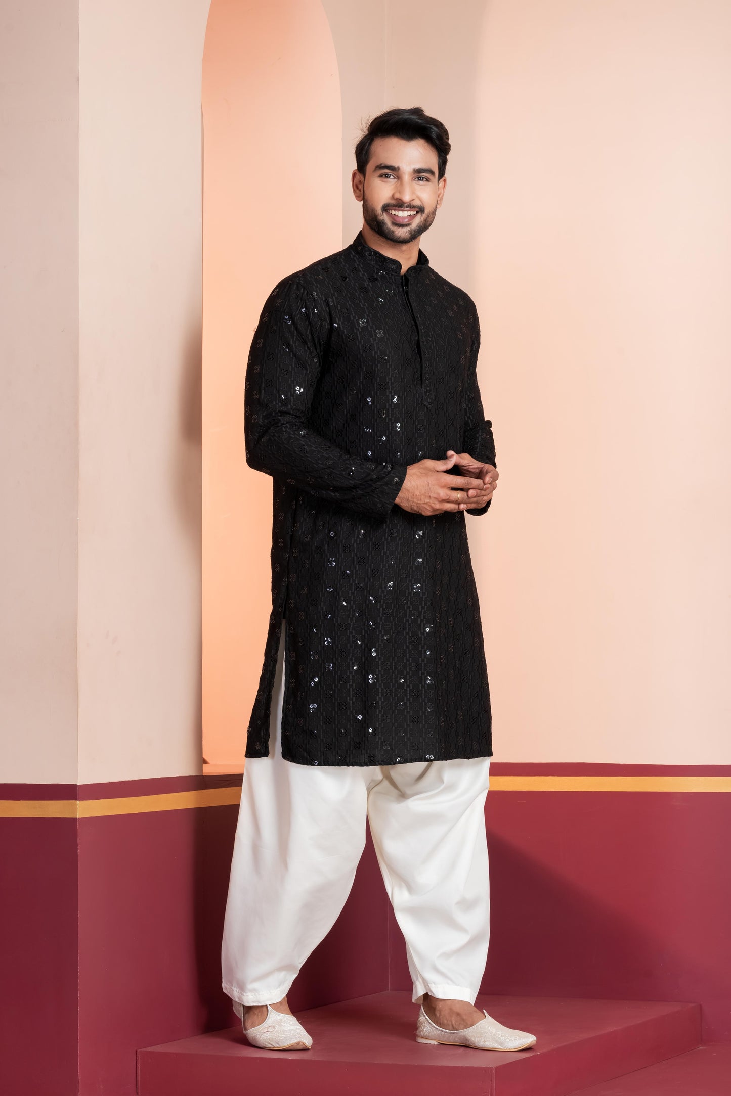 Zavaya Men Black Embroidery Cotton Blend Kurta Patiala Set