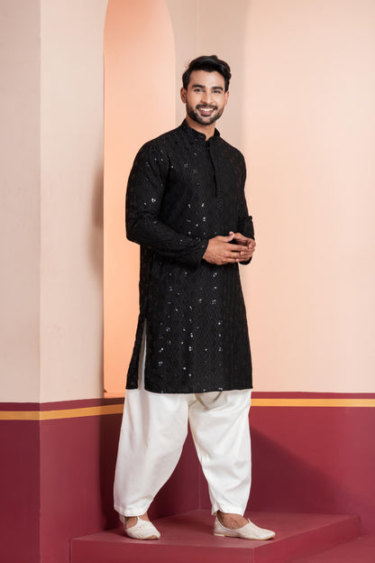 Zavaya Men Black Embroidery Cotton Blend Kurta Patiala Set