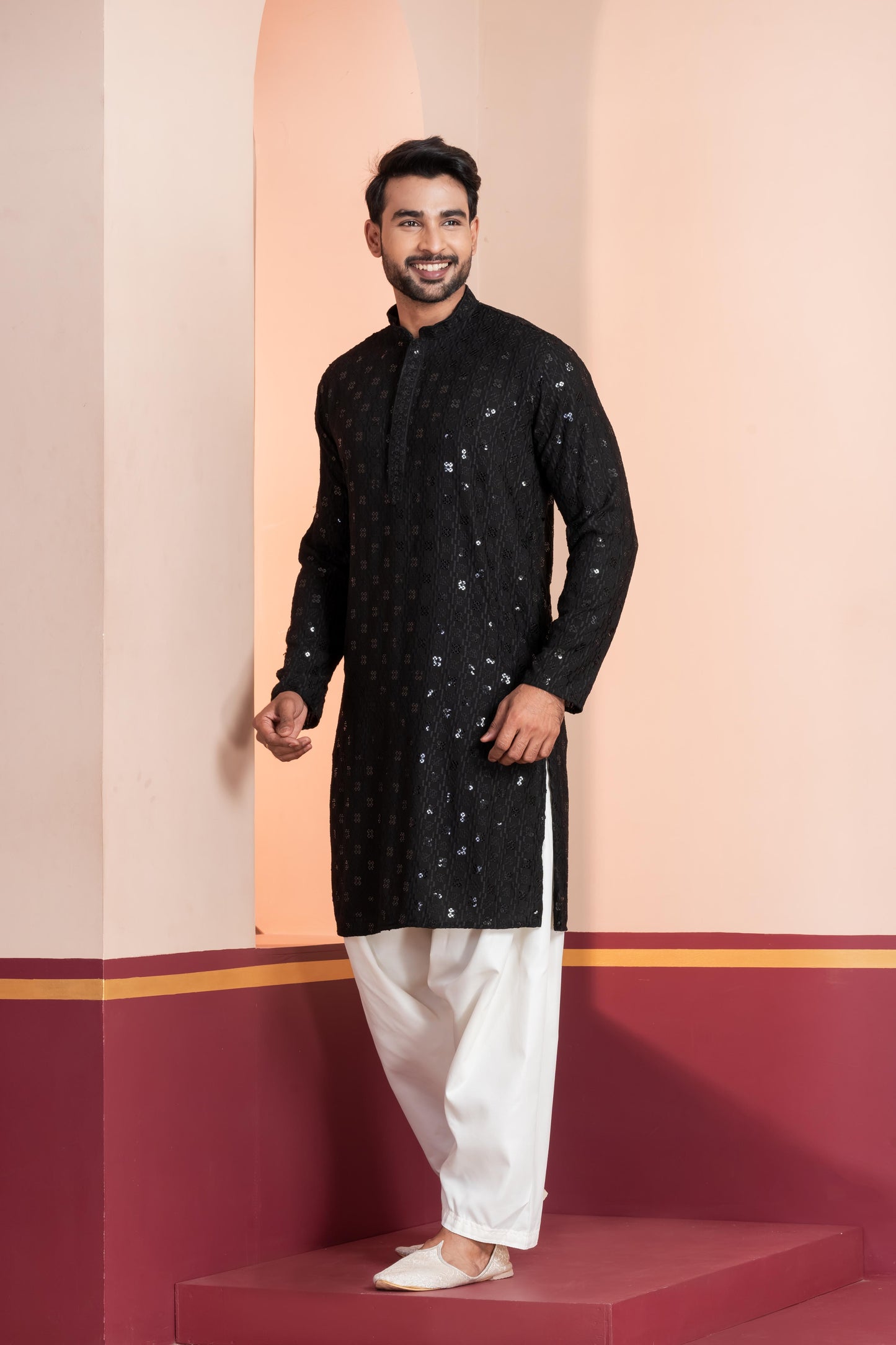 Zavaya Men Black Embroidery Cotton Blend Kurta Patiala Set