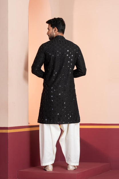 Zavaya Men Black Embroidery Cotton Blend Kurta Patiala Set