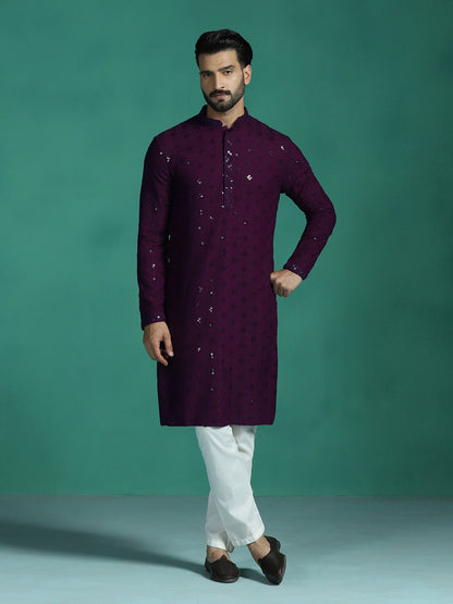 Zavaya Men Purple Embroidery Cotton Blend Kurta Pyjama Set