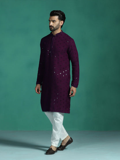 Zavaya Men Purple Embroidery Cotton Blend Kurta