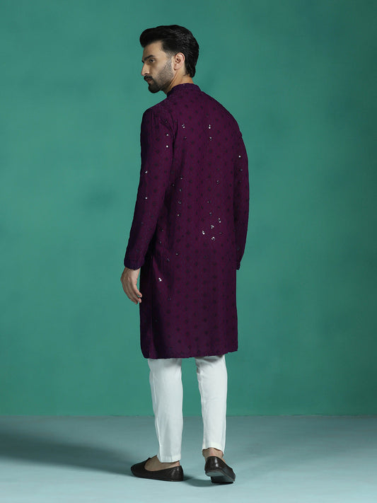 Zavaya Men Purple Embroidery Cotton Blend Kurta