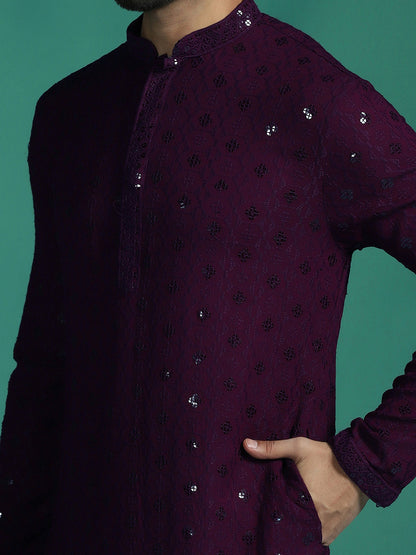 Zavaya Men Purple Embroidery Cotton Blend Kurta Pyjama Set
