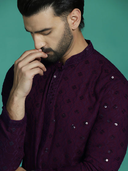 Zavaya Men Purple Embroidery Cotton Blend Kurta