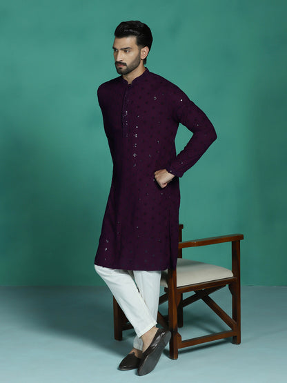 Zavaya Men Purple Embroidery Cotton Blend Kurta