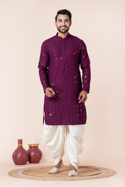 Zavaya Men Purple Embroidery Cotton Blend Kurta Dhoti Set