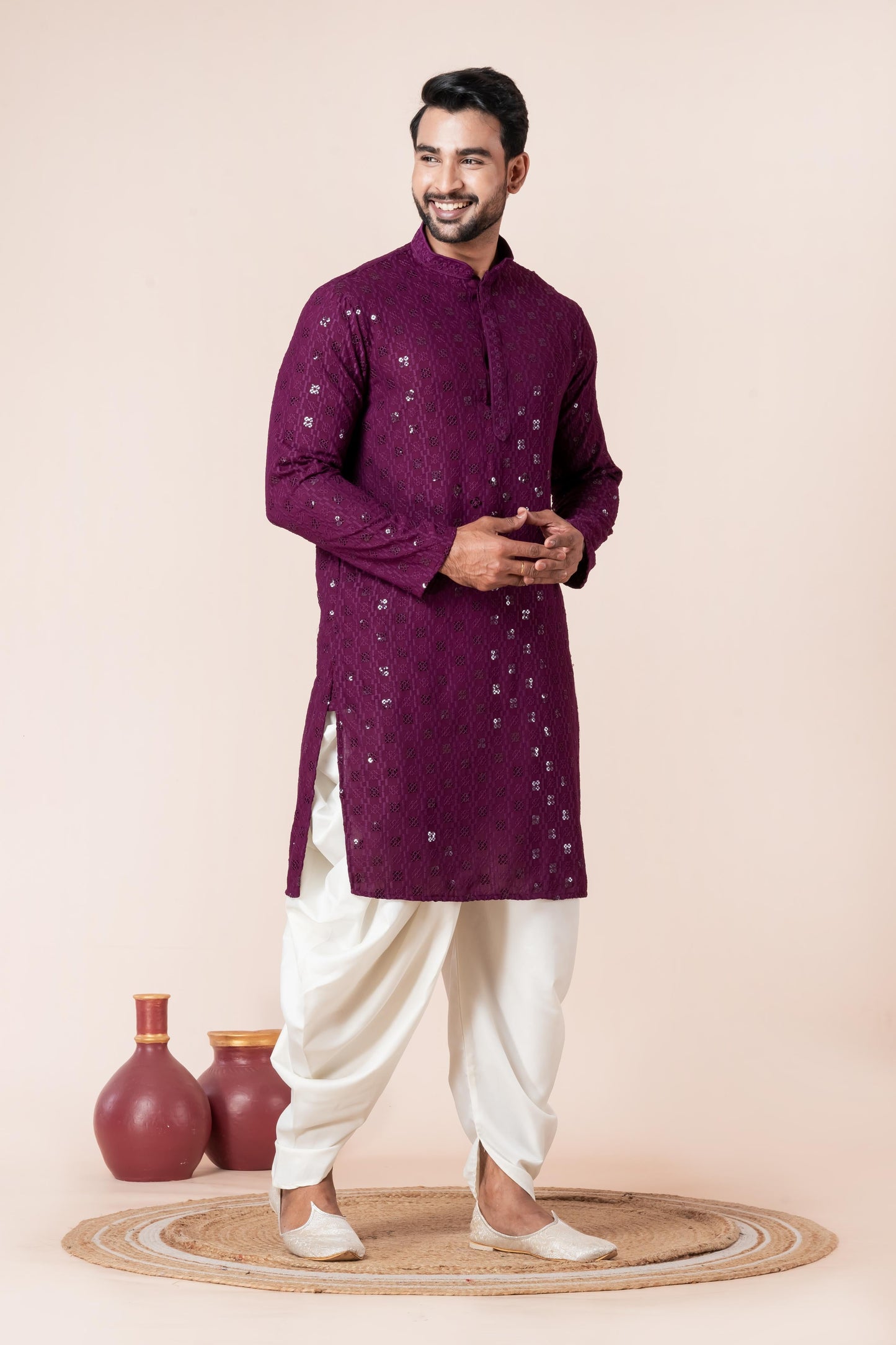 Zavaya Men Purple Embroidery Cotton Blend Kurta Dhoti Set