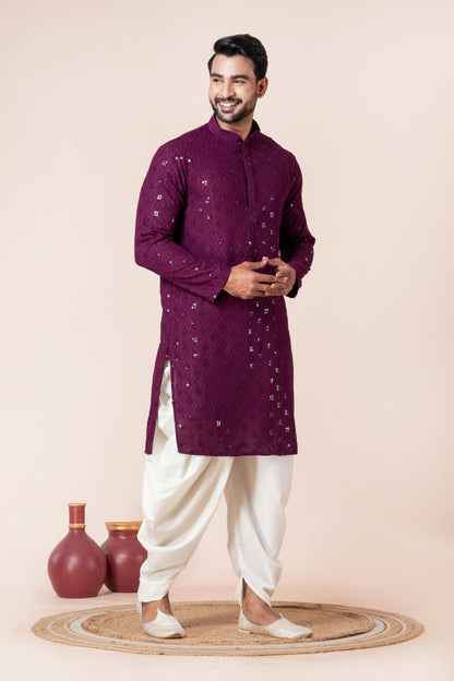 Zavaya Men Purple Embroidery Cotton Blend Kurta Dhoti Set