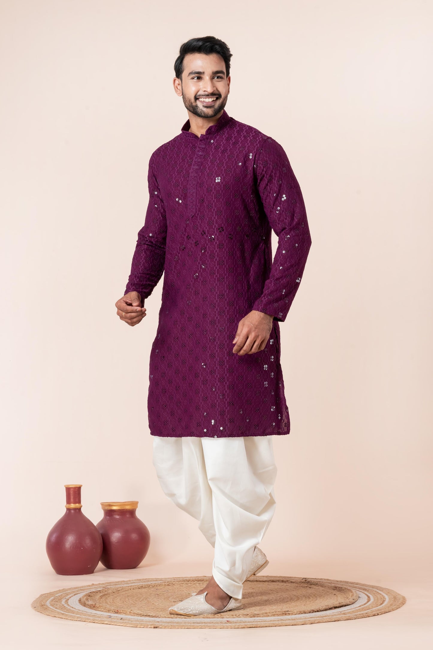 Zavaya Men Purple Embroidery Cotton Blend Kurta Dhoti Set