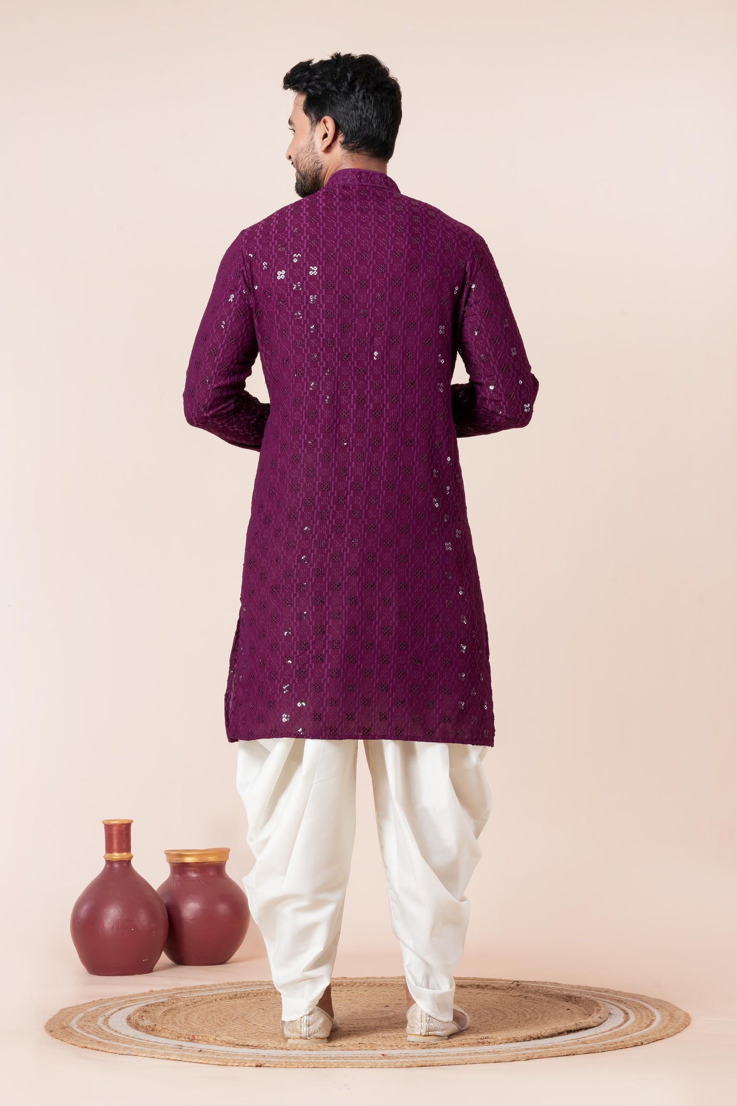Zavaya Men Purple Embroidery Cotton Blend Kurta Dhoti Set