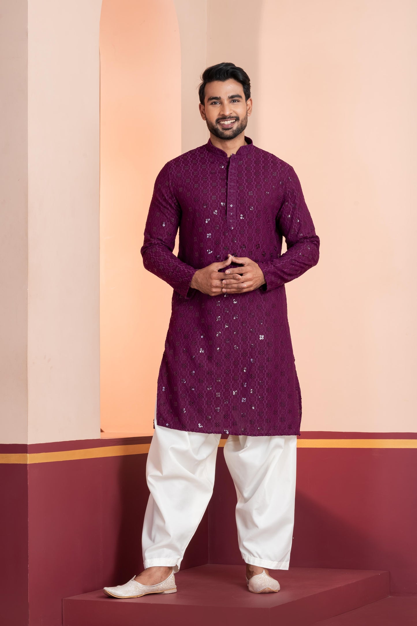 Zavaya Men Purple Embroidery Cotton Blend Kurta Patiala Set