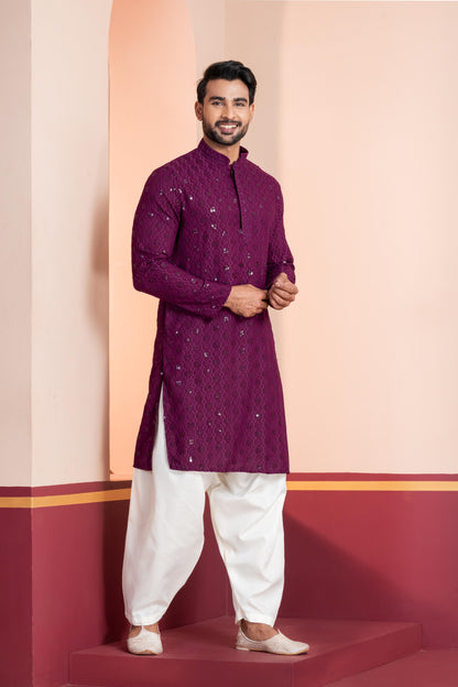 Zavaya Men Purple Embroidery Cotton Blend Kurta Patiala Set
