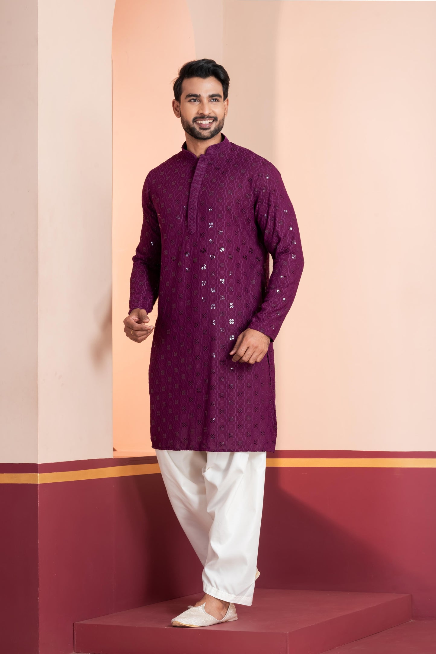 Zavaya Men Purple Embroidery Cotton Blend Kurta Patiala Set