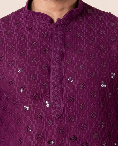 Zavaya Men Purple Embroidery Cotton Blend Kurta Patiala Set