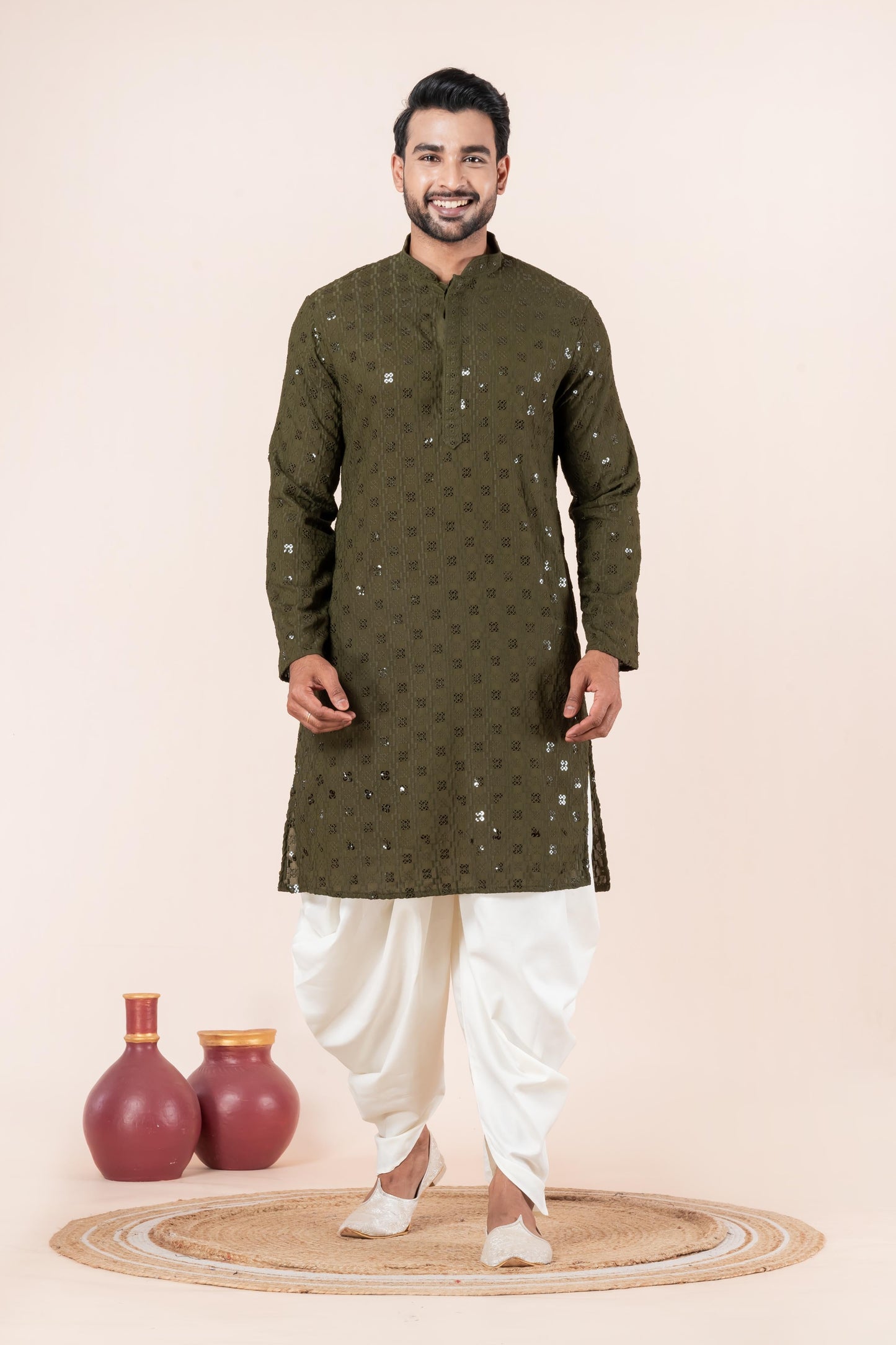 Zavaya Men Olive Embroidery Cotton Blend Kurta Dhoti Set