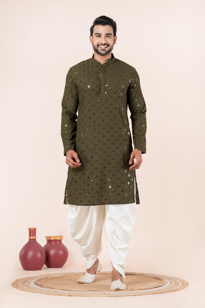 Zavaya Men Olive Embroidery Cotton Blend Kurta Dhoti Set