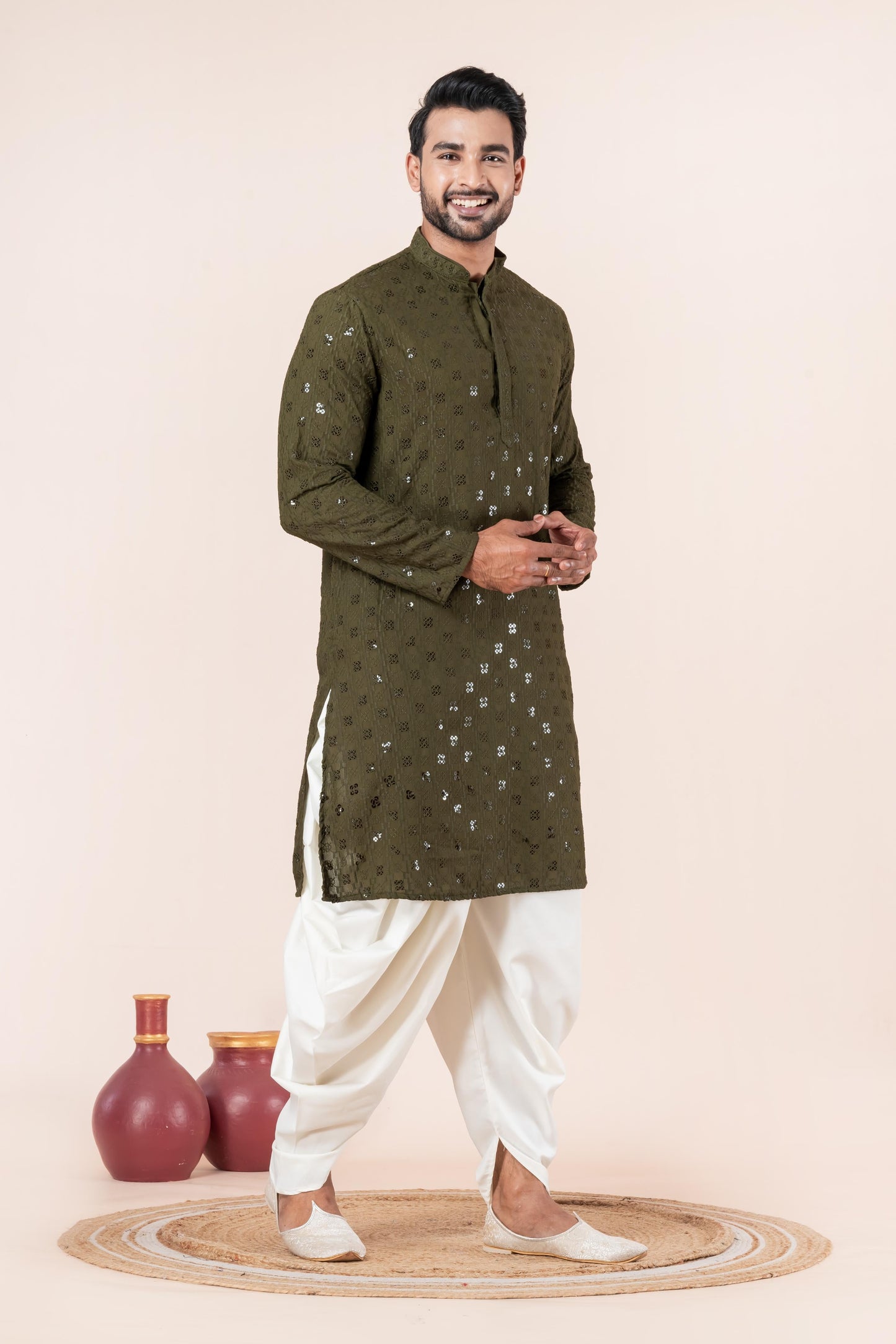 Zavaya Men Olive Embroidery Cotton Blend Kurta Dhoti Set