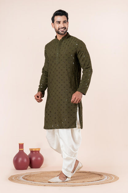 Zavaya Men Olive Embroidery Cotton Blend Kurta Dhoti Set