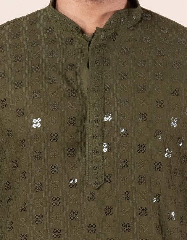 Zavaya Men Olive Embroidery Cotton Blend Kurta Dhoti Set