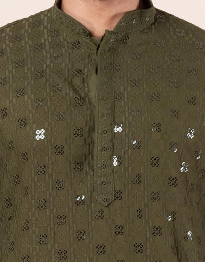 Zavaya Men Olive Embroidery Cotton Blend Kurta Dhoti Set