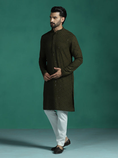 Zavaya Men Olive Embroidery Cotton Blend Kurta Pyjama Set
