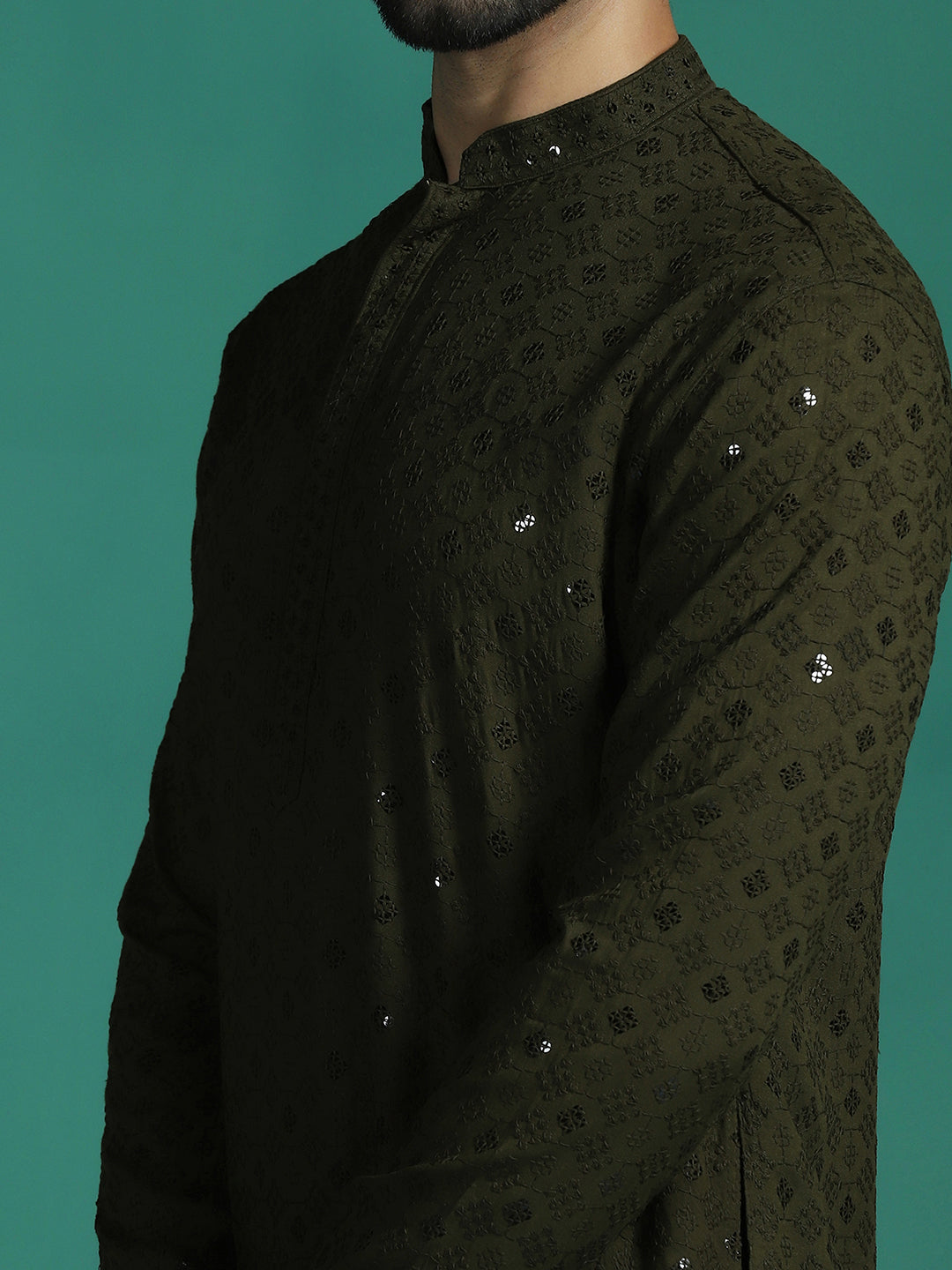 Zavaya Men Olive Embroidery Cotton Blend Kurta Pyjama Set