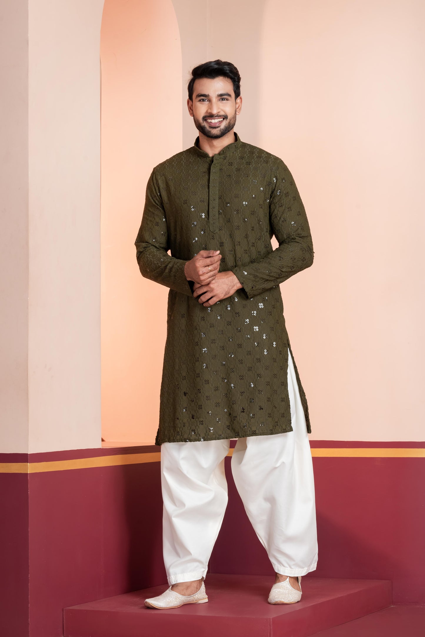 Zavaya Men Olive Embroidery Cotton Blend Kurta Patiala Set