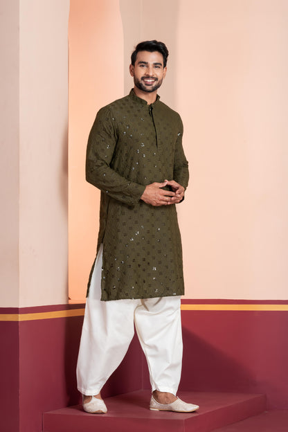 Zavaya Men Olive Embroidery Cotton Blend Kurta Patiala Set