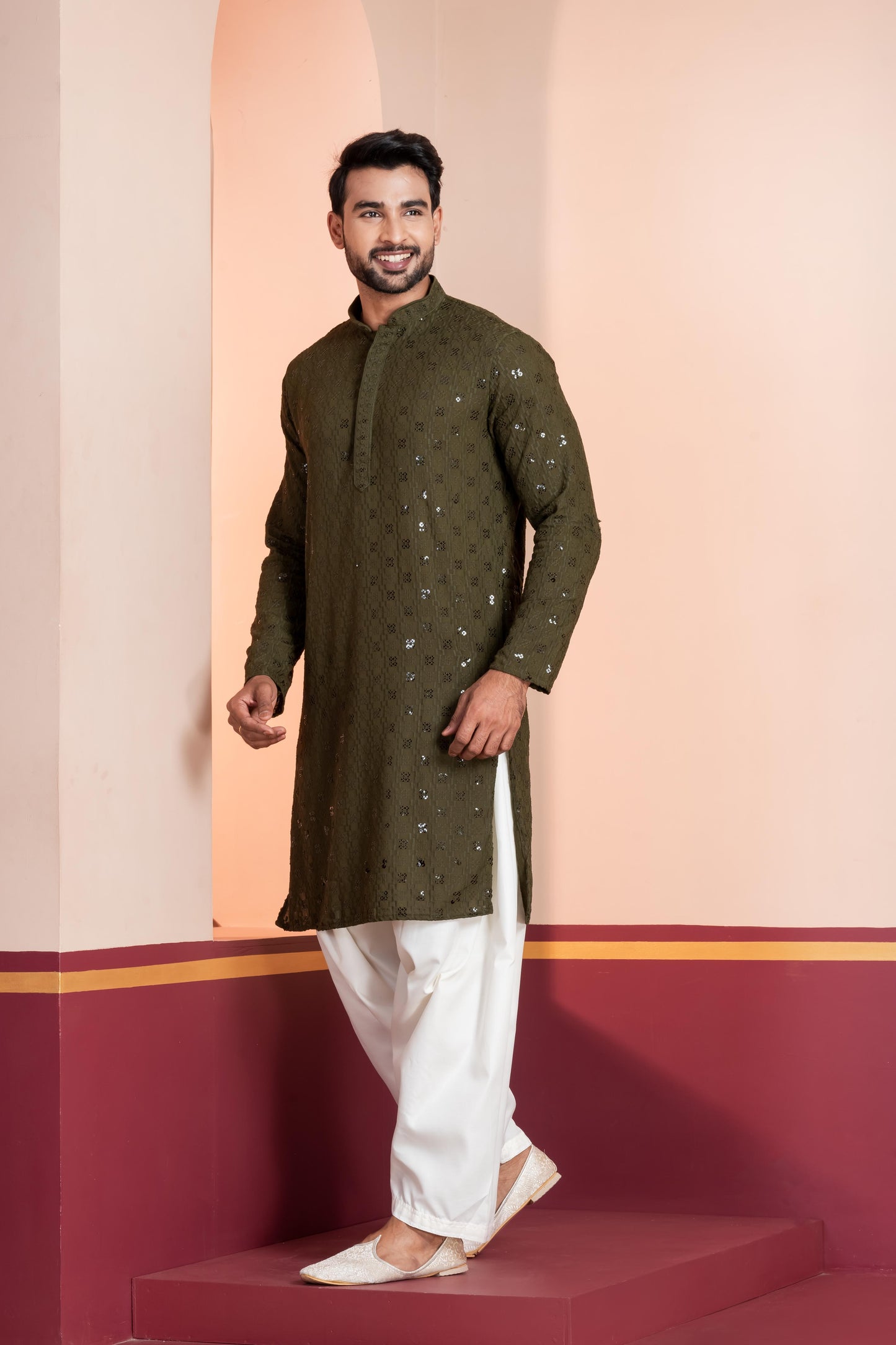 Zavaya Men Olive Embroidery Cotton Blend Kurta Patiala Set