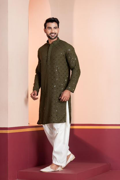 Zavaya Men Olive Embroidery Cotton Blend Kurta Patiala Set