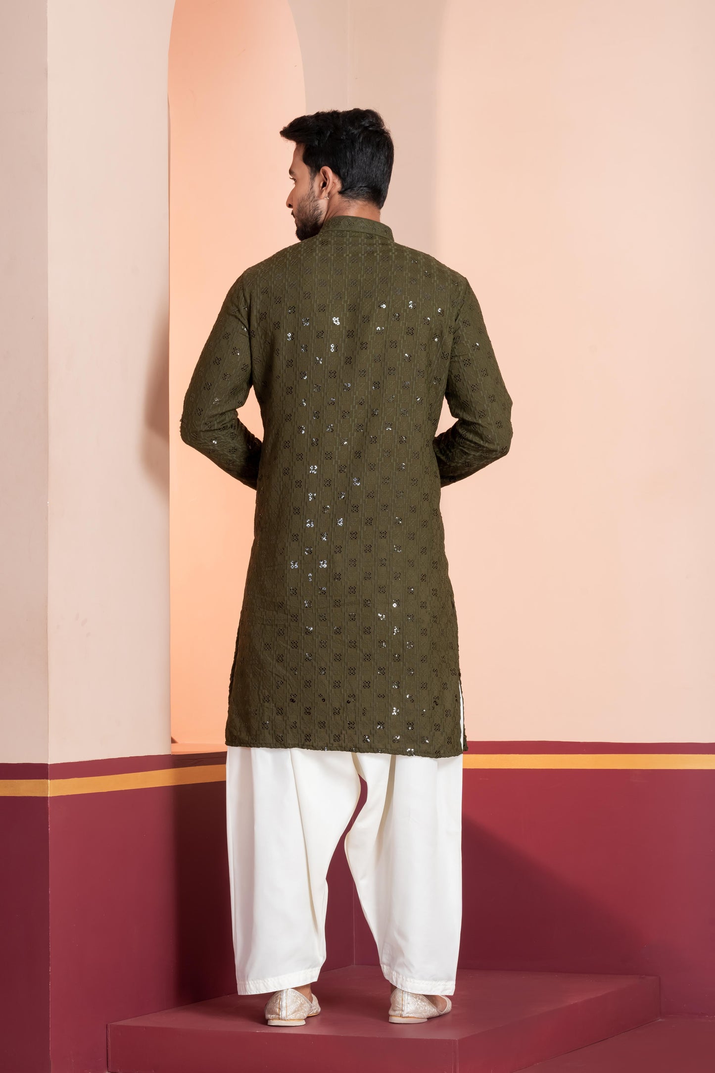 Zavaya Men Olive Embroidery Cotton Blend Kurta Patiala Set