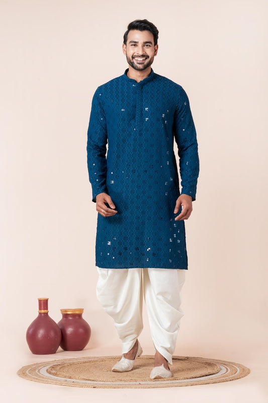 Zavaya Men Blue Embroidery Cotton Blend Kurta Dhoti Set