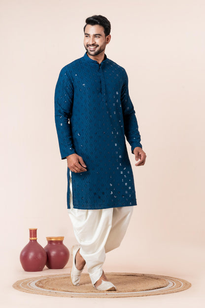 Zavaya Men Blue Embroidery Cotton Blend Kurta Dhoti Set