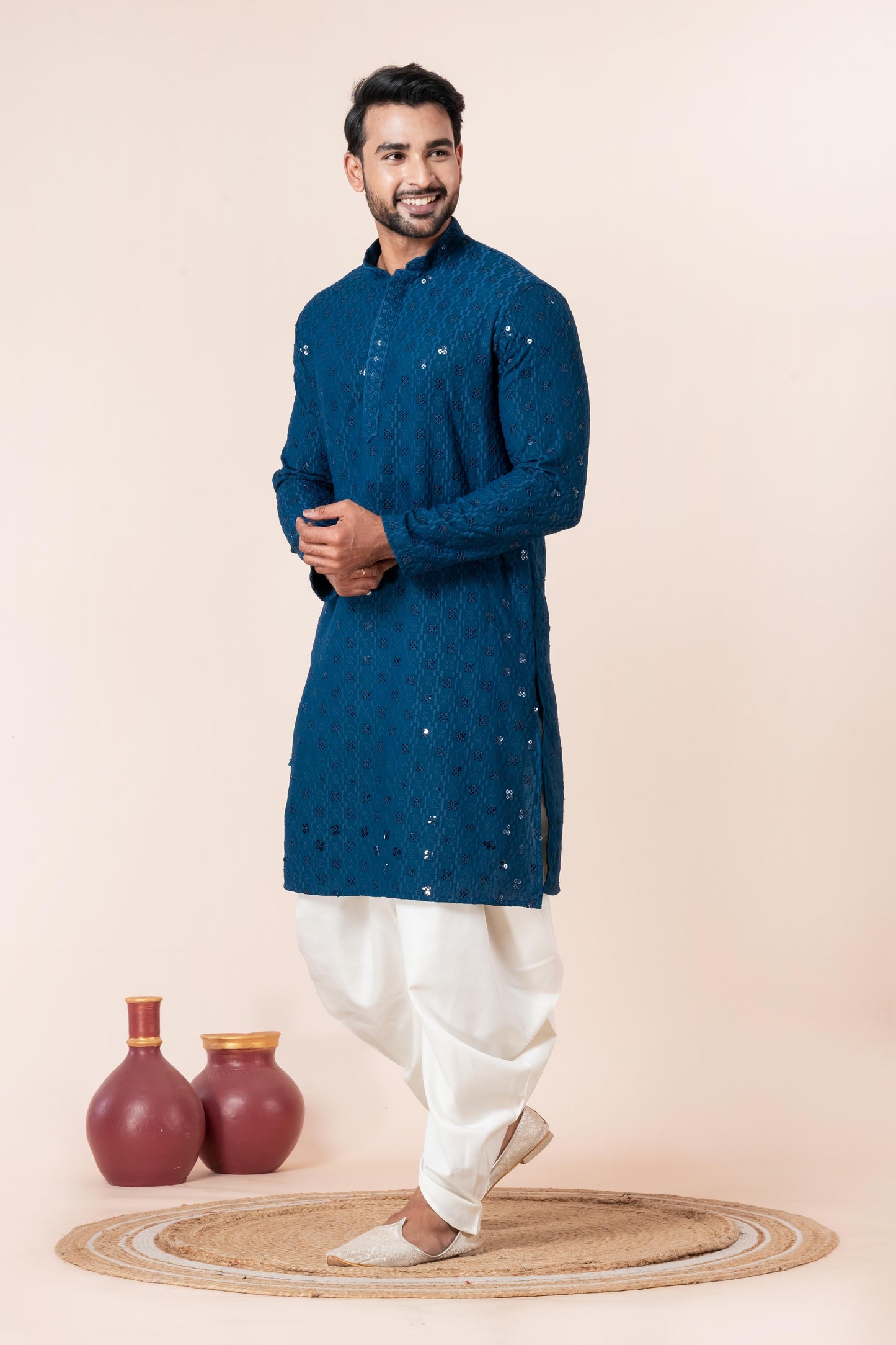 Zavaya Men Blue Embroidery Cotton Blend Kurta Dhoti Set