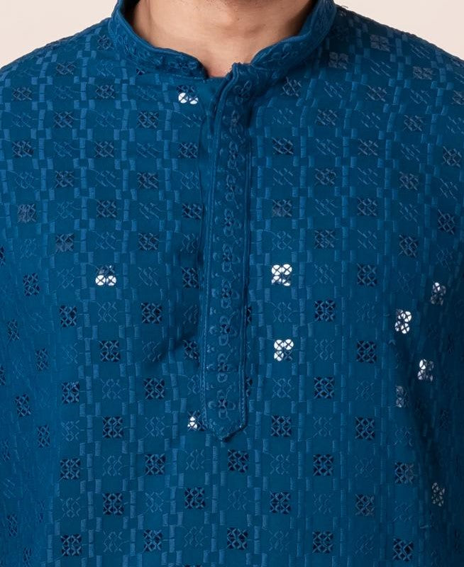 Zavaya Men Blue Embroidery Cotton Blend Kurta Dhoti Set
