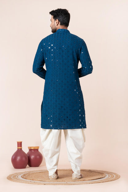 Zavaya Men Blue Embroidery Cotton Blend Kurta Dhoti Set