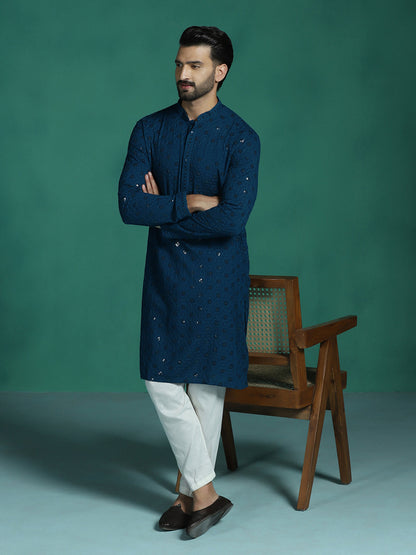 Zavaya Men Blue Embroidery Cotton Blend Kurta Pyjama Set