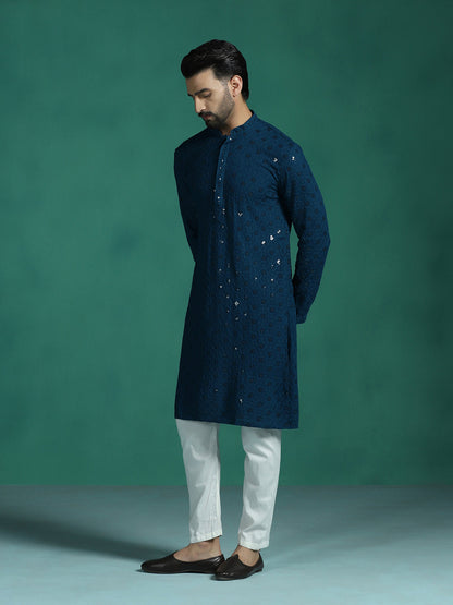 Zavaya Men Blue Embroidery Cotton Blend Kurta Pyjama Set