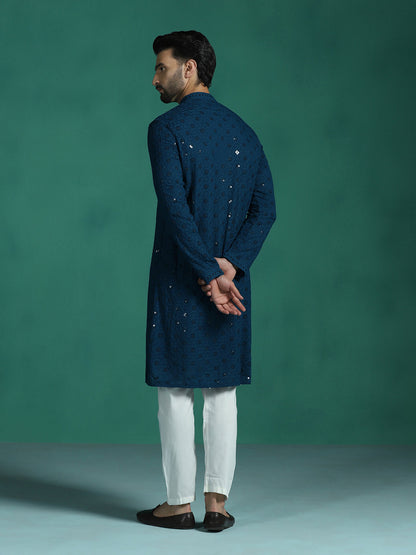 Zavaya Men Blue Embroidery Cotton Blend Kurta Pyjama Set