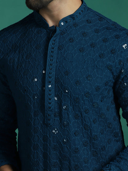 Zavaya Men Blue Embroidery Cotton Blend Kurta Pyjama Set