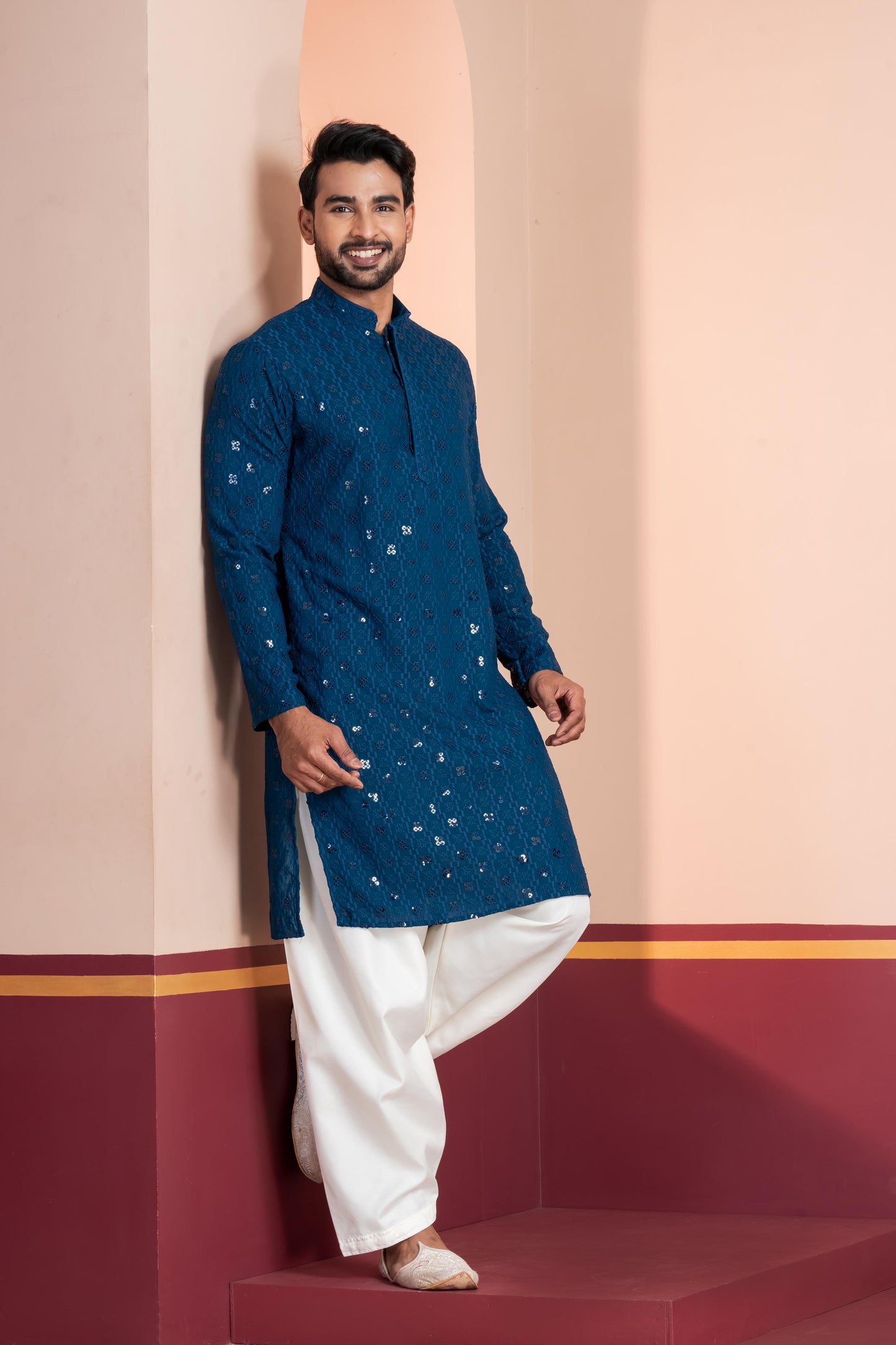 Zavaya Men Blue Embroidery Cotton Blend Kurta Patiala Set