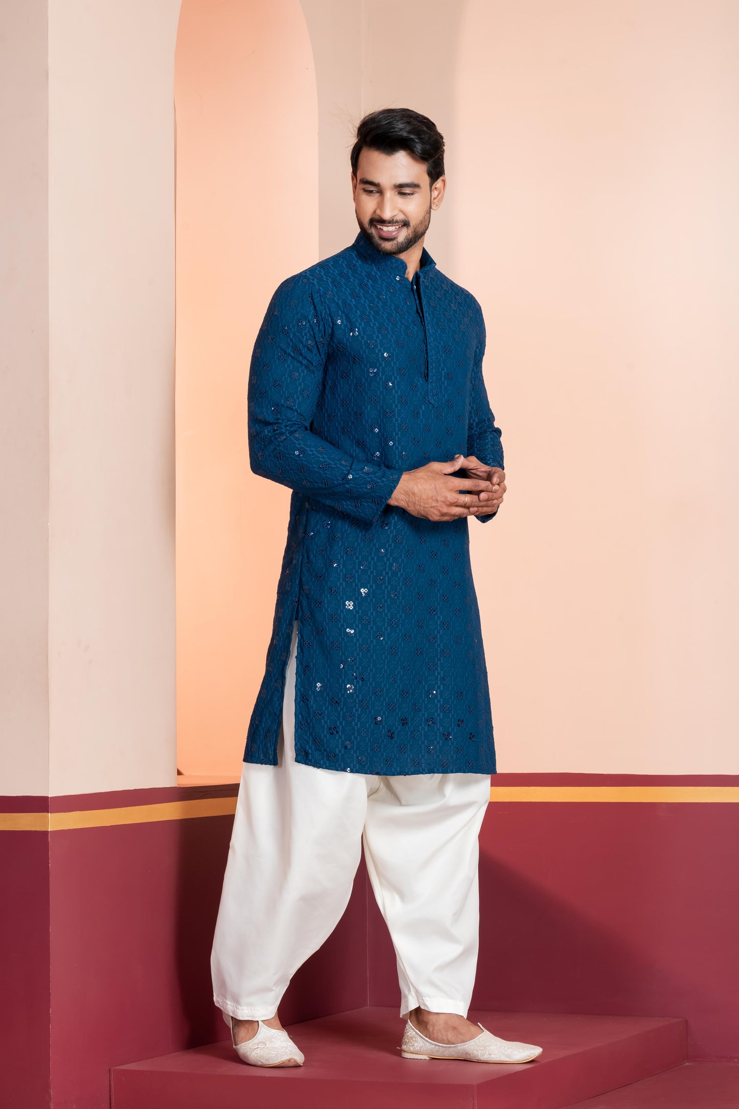Zavaya Men Blue Embroidery Cotton Blend Kurta Patiala Set