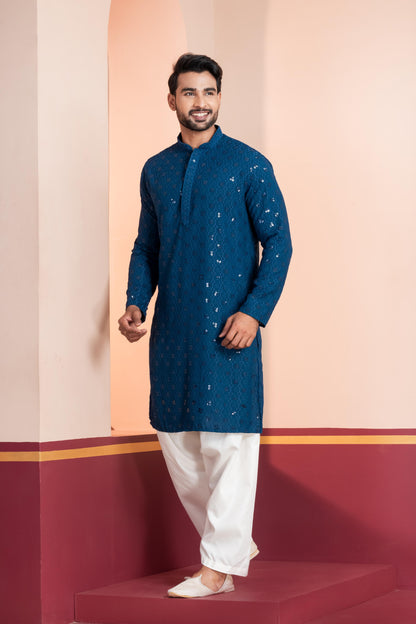 Zavaya Men Blue Embroidery Cotton Blend Kurta Patiala Set