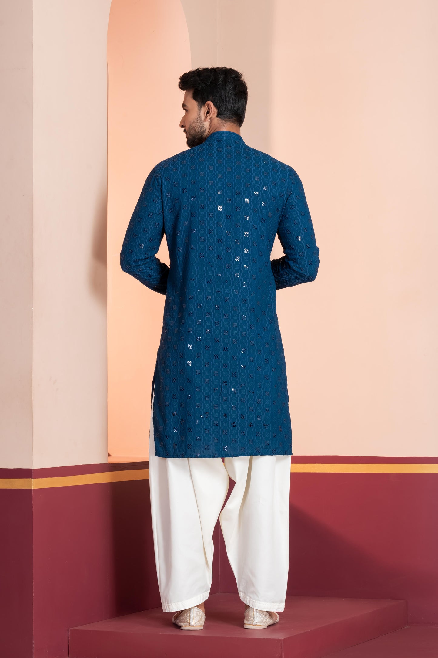 Zavaya Men Blue Embroidery Cotton Blend Kurta Patiala Set