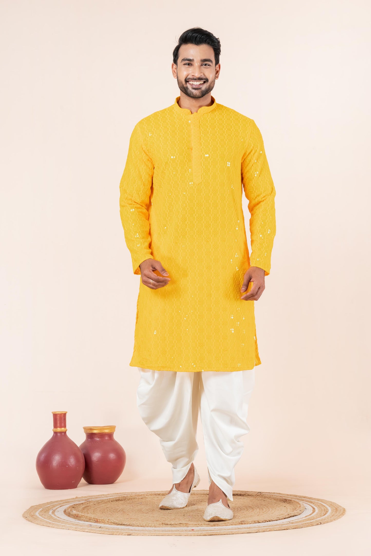 Zavaya Men Yellow Embroidery Cotton Blend Kurta Dhoti Set