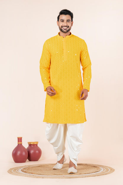 Zavaya Men Yellow Embroidery Cotton Blend Kurta Dhoti Set