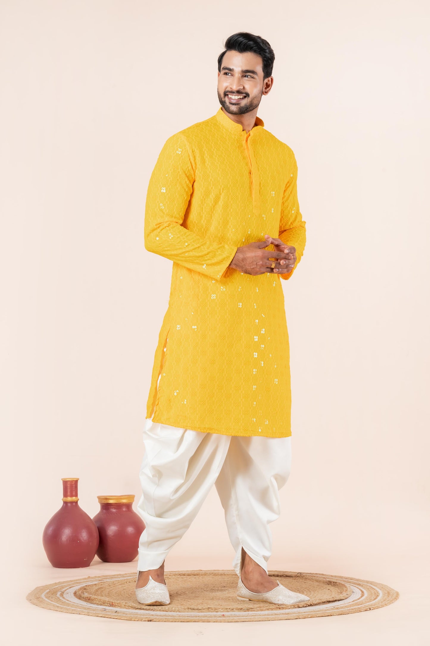 Zavaya Men Yellow Embroidery Cotton Blend Kurta Dhoti Set