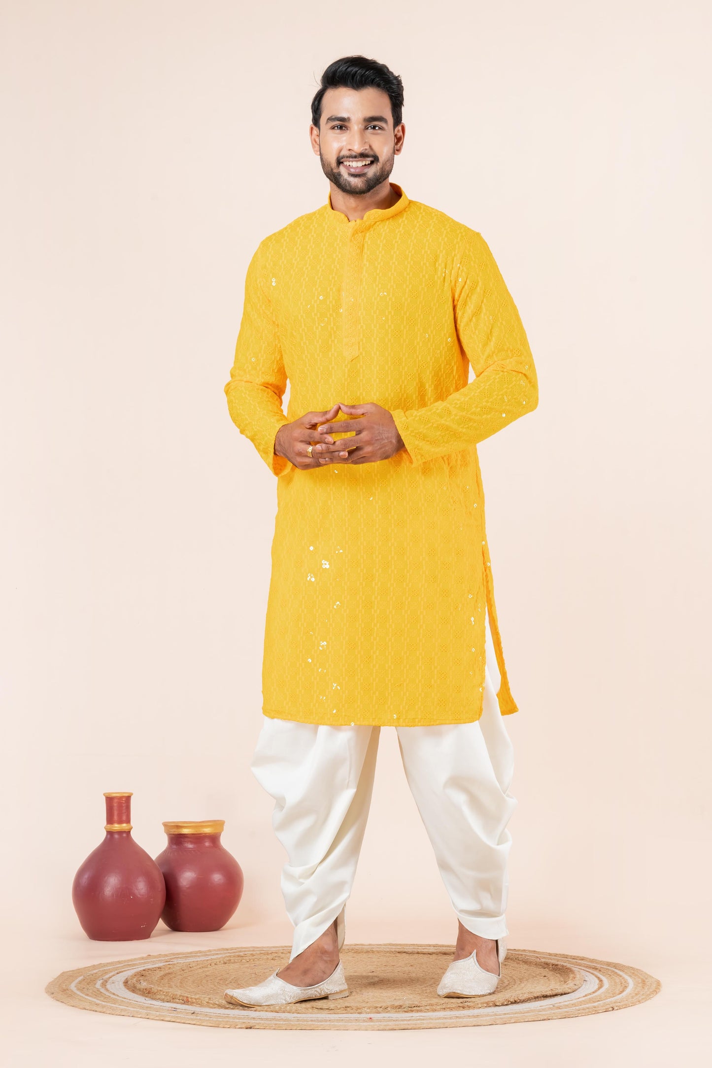 Zavaya Men Yellow Embroidery Cotton Blend Kurta Dhoti Set